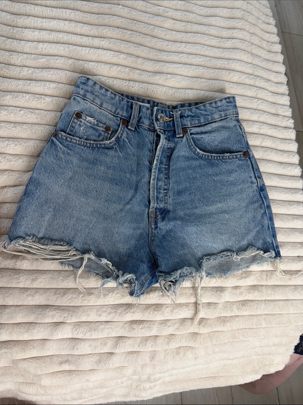 Zara Distressed High-Waist Denim Shorts - Light Blue